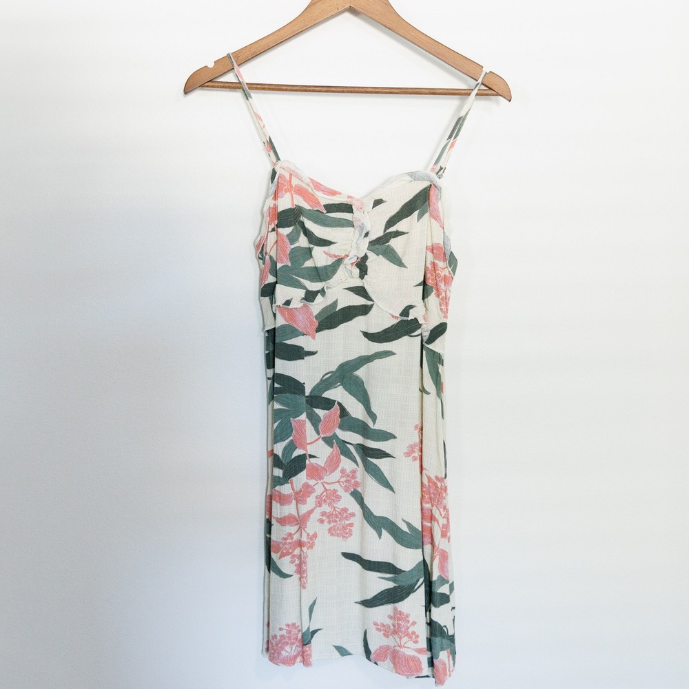 ONeill Womens Floral Tropical Mini Dress Cream Pink Green Size M Smocked Back
